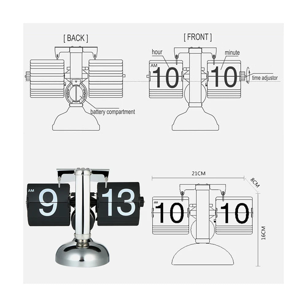 Retro Flip Desk Clock – Black/White Quartz